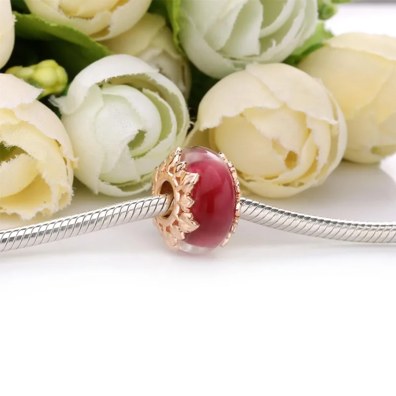 (immagine per) Charm PANDORA Vetro di Murano Rosa e Foglie 788244 - Visualizza 3