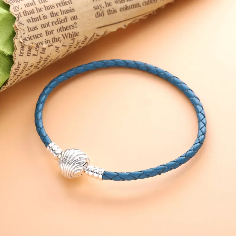 (immagine per) Bracciale Pandora Moments in pelle intrecciato turchese con chiusura a conchigli - Visualizza 2