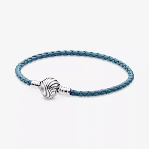 (immagine per) Bracciale Pandora Moments in pelle intrecciato turchese con chiusura a conchiglia - 598951C01-S2