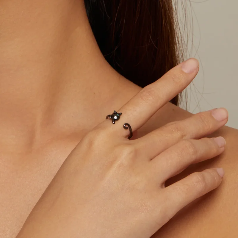 (immagine per) Anello aperto nero con gatto carino in stile Pandora - SCR707-D - Visualizza 4