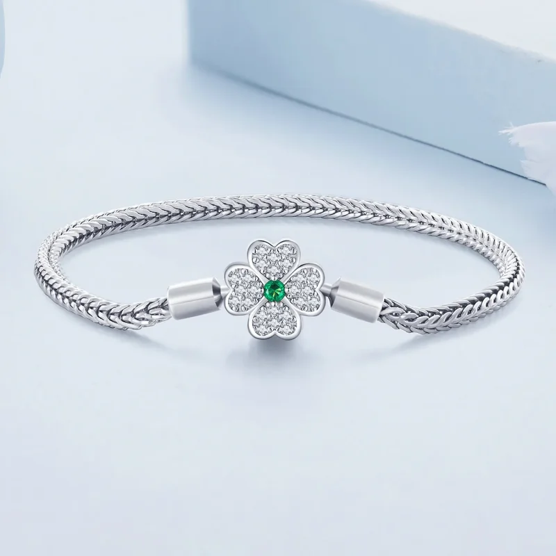 (immagine per) Braccialetto a catena con quadrifoglio fortunato in zircone verde, stile Pandora - Visualizza 2