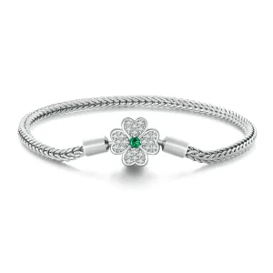 Braccialetto a catena con quadrifoglio fortunato in zircone verde, stile Pandora - BSB119 (immagine per) Braccialetto a catena con quadrifoglio fortunato in zircone verde, stile Pandora - BSB119