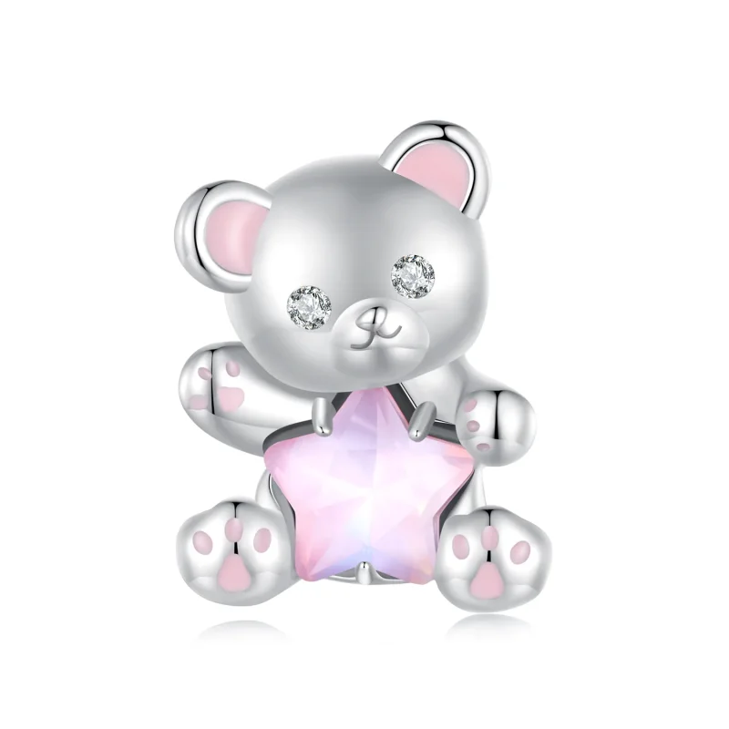 (immagine per) Charm a forma di orsetto rosa con stella, stile Pandora - SCC2638