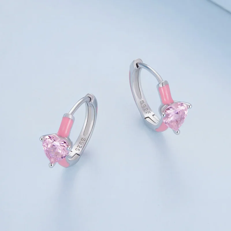 (immagine per) Orecchini a cerchio a forma di cuore rosa in stile Pandora - BSE813 - Visualizza 3