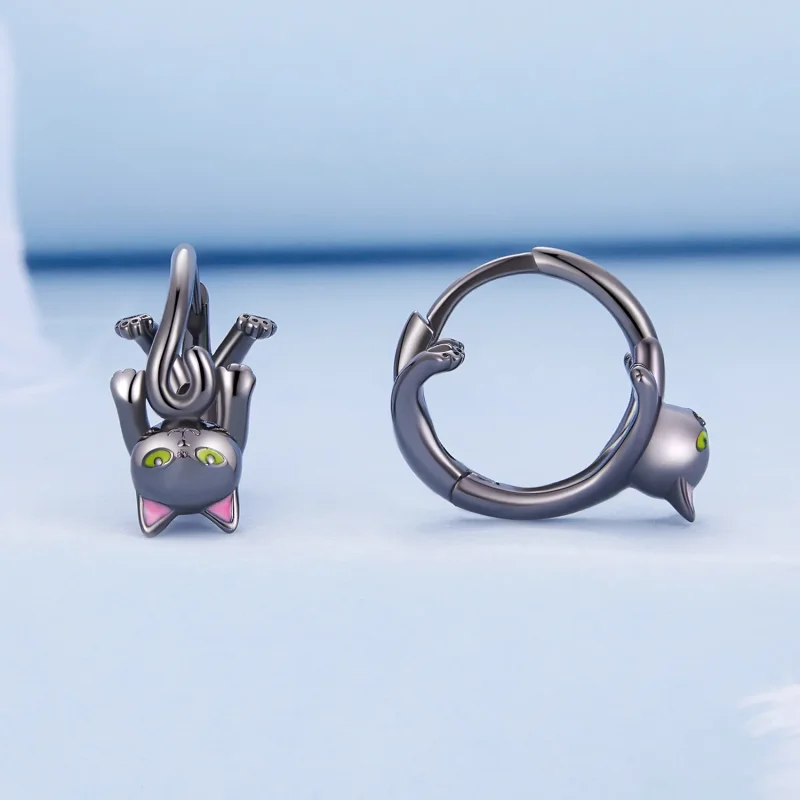 (immagine per) Orecchini a cerchio stile Pandora con gatto nero - BSE798 - Visualizza 2