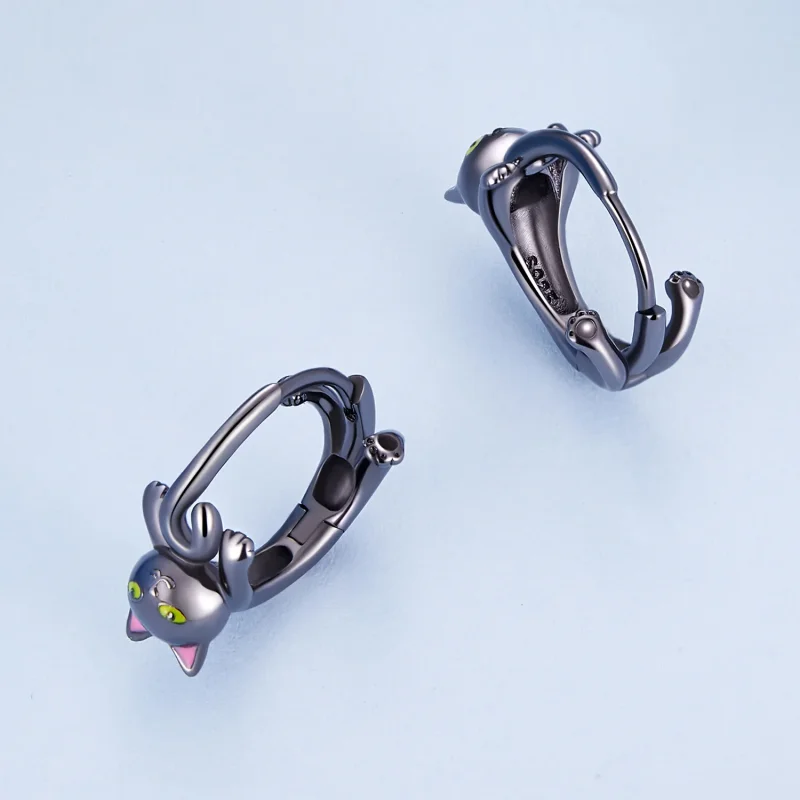 (immagine per) Orecchini a cerchio stile Pandora con gatto nero - BSE798 - Visualizza 3
