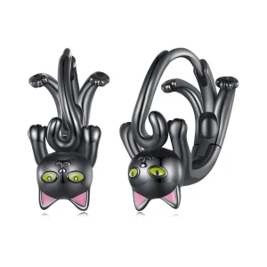 Orecchini a cerchio stile Pandora con gatto nero - BSE798 (immagine per) Orecchini a cerchio stile Pandora con gatto nero - BSE798