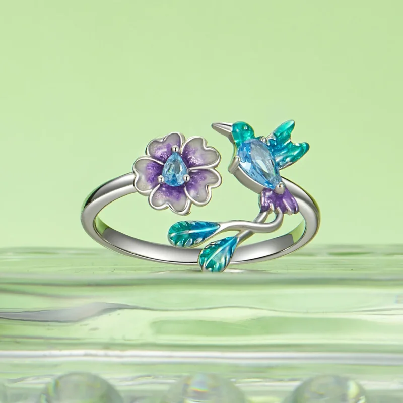 (immagine per) Anello aperto con fiore e uccello stile PANDORA - BSR536-E - Visualizza 2