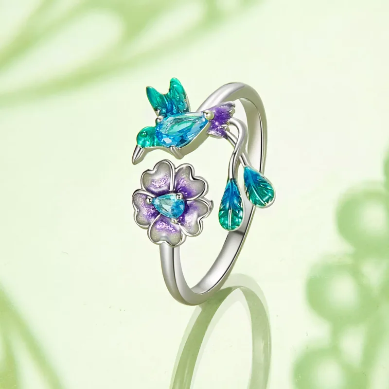 (immagine per) Anello aperto con fiore e uccello stile PANDORA - BSR536-E - Visualizza 3