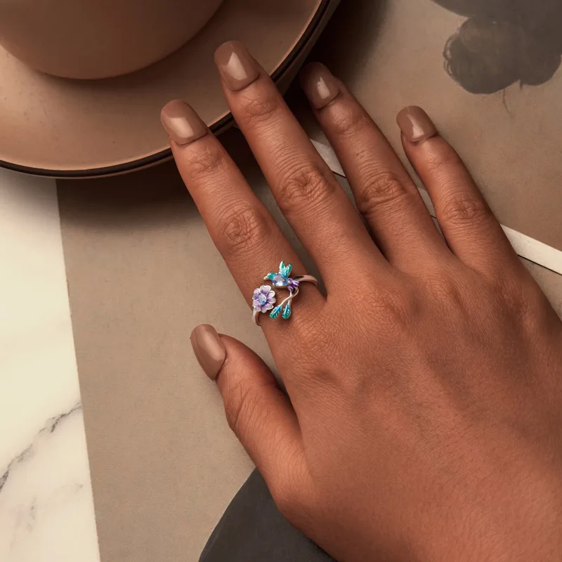 (immagine per) Anello aperto con fiore e uccello stile PANDORA - BSR536-E - Visualizza 4