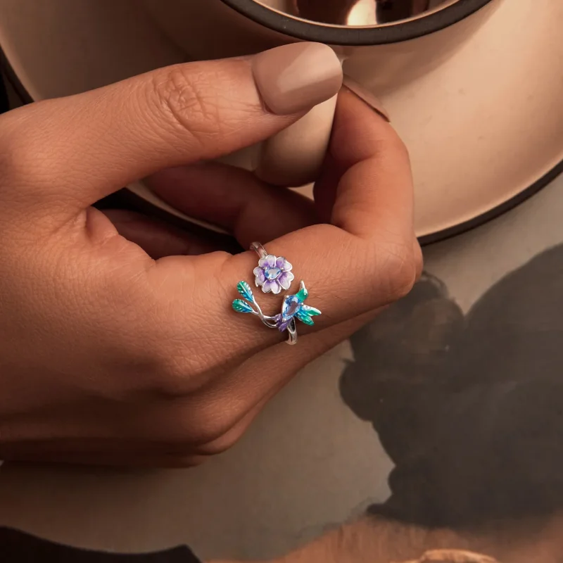 (immagine per) Anello aperto con fiore e uccello stile PANDORA - BSR536-E - Visualizza 5