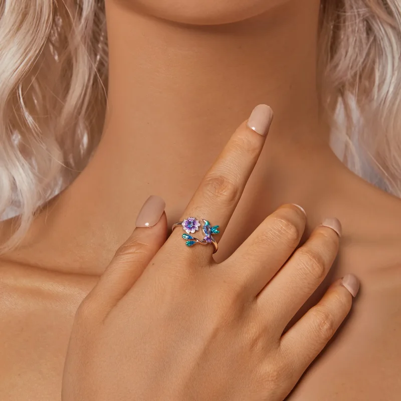 (immagine per) Anello aperto con fiore e uccello stile PANDORA - BSR536-E - Visualizza 6