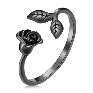Anello aperto in stile PANDORA con rosa nera - BSR239 (immagine per) Anello aperto in stile PANDORA con rosa nera - BSR239