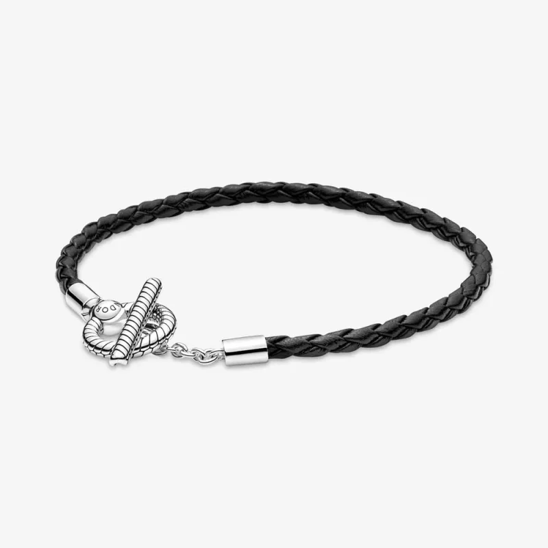 (immagine per) Bracciale Pandora in pelle intrecciata con barra a T - 591675C01