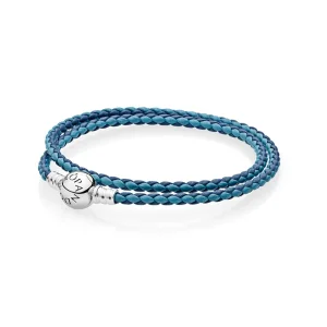 (immagine per) Bracciale in Pelle PANDORA Intrecciata Fantasia di Blu, Giro Doppio