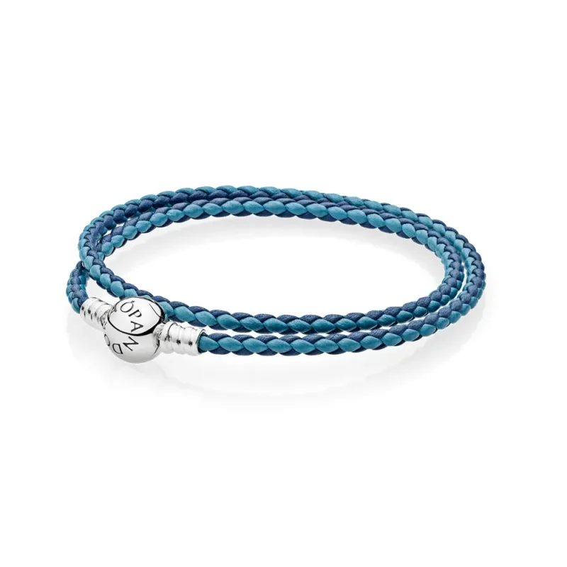 (immagine per) Bracciale in Pelle PANDORA Intrecciata Fantasia di Blu, Giro Doppio