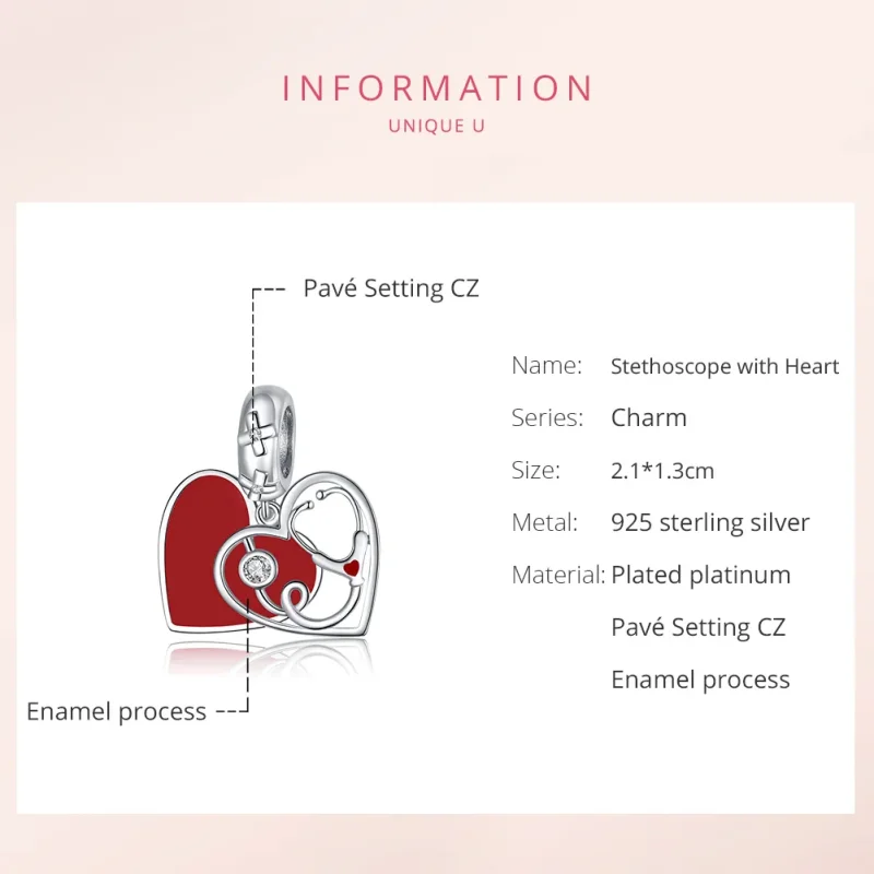 (immagine per) Charm Pendente tipo Pandora Stetoscopio Con Cuore Rosso - BSC308 - Visualizza 6