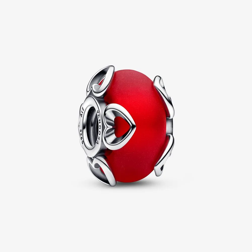 pandora ciondolo in vetro di murano rosso opaco e cuori 792497c01