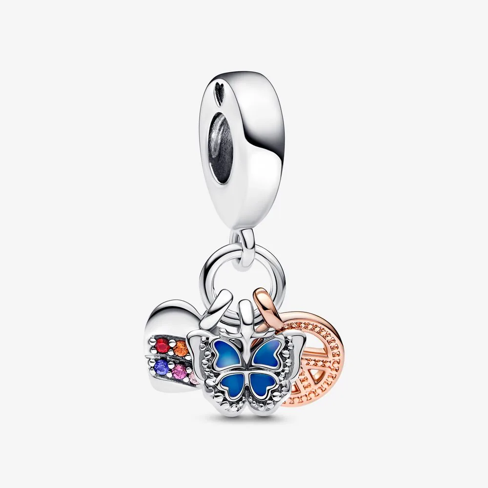 pandora cuore arcobaleno bicolore farfalla e pace ciondolo a triplo pendente 782572c01