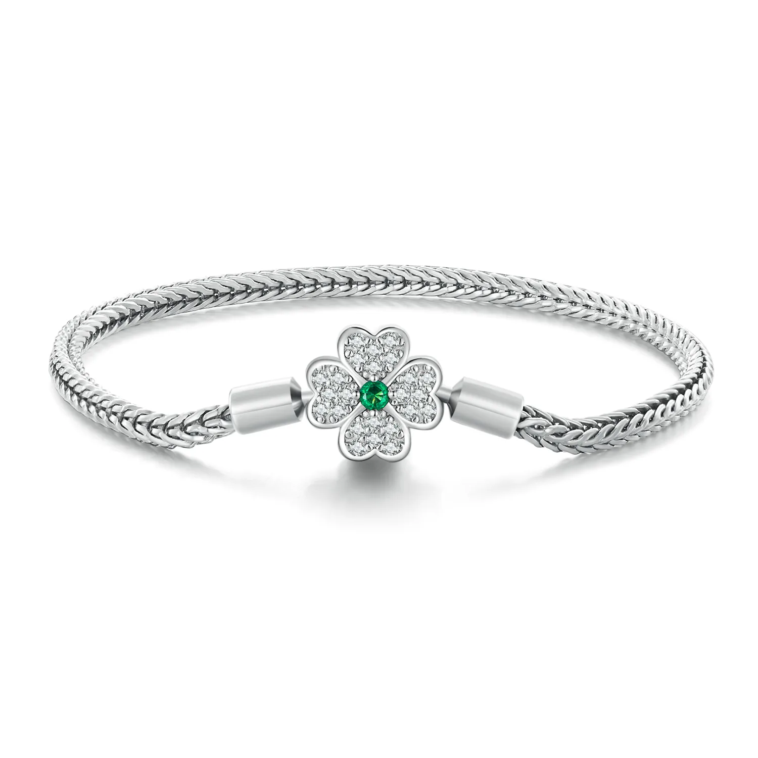 braccialetto a catena con quadrifoglio fortunato in zircone verde stile pandora bsb119