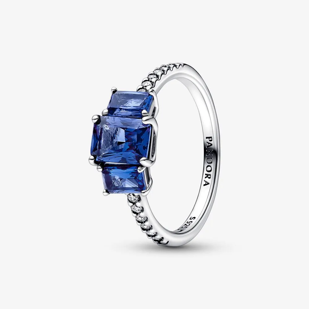 anello scintillante rettangolare con tre pietre blu 192389c01