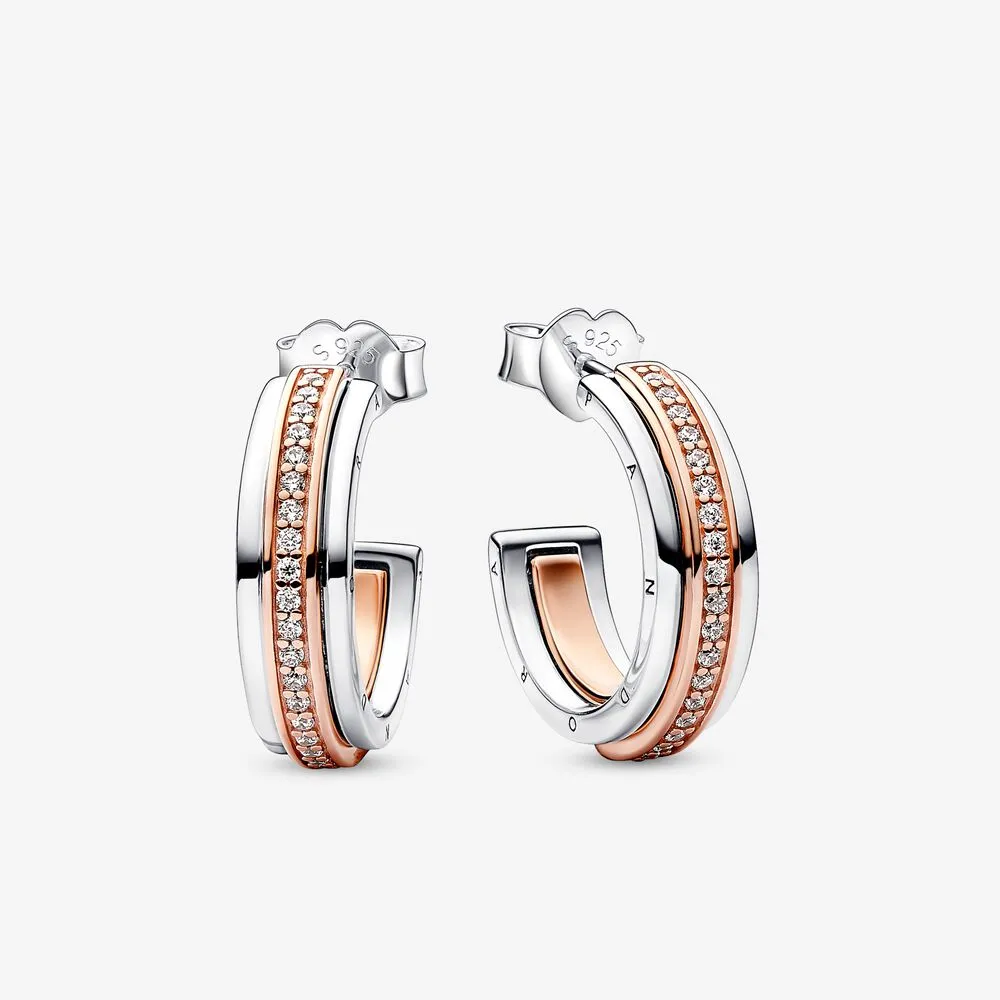 orecchini a cerchio pandora signature con logo bicolore e pavé 282737c01