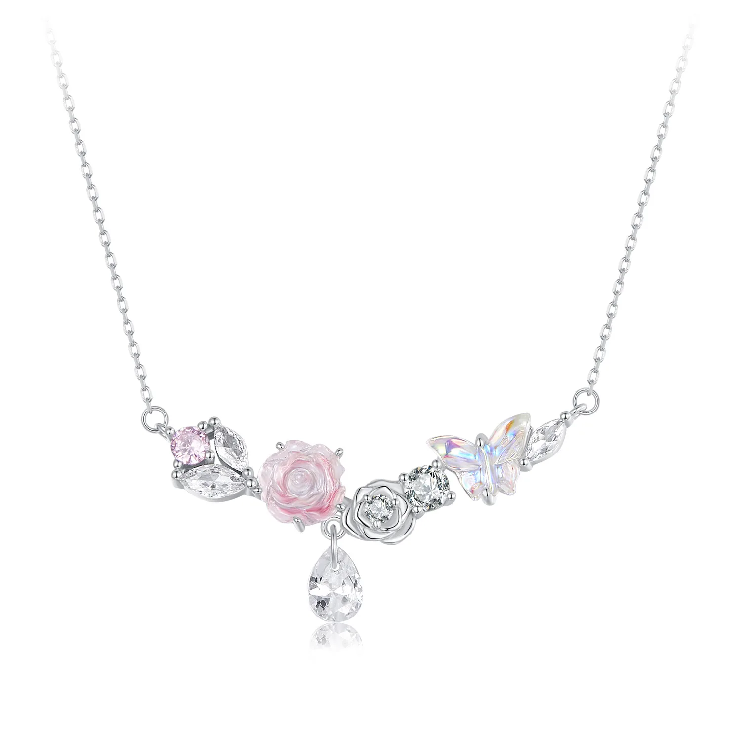 Collana Con Ciondolo Fiocco Rosa E Farfalla In Zirconi Cubici - Acciaio Inox - 2